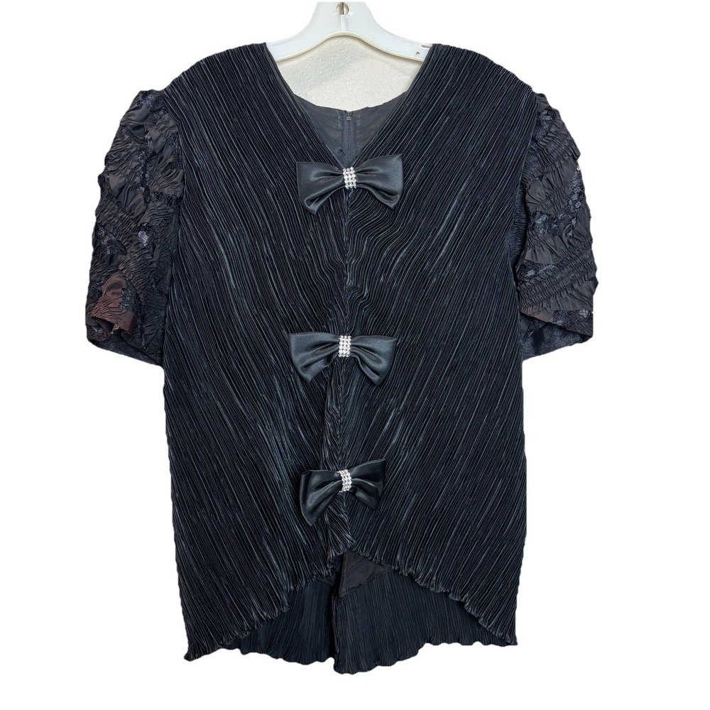 80s Kathrine Lindsay Rhinestone Bow Pleated Blouse‎ Black Women's 18 Glam Top
